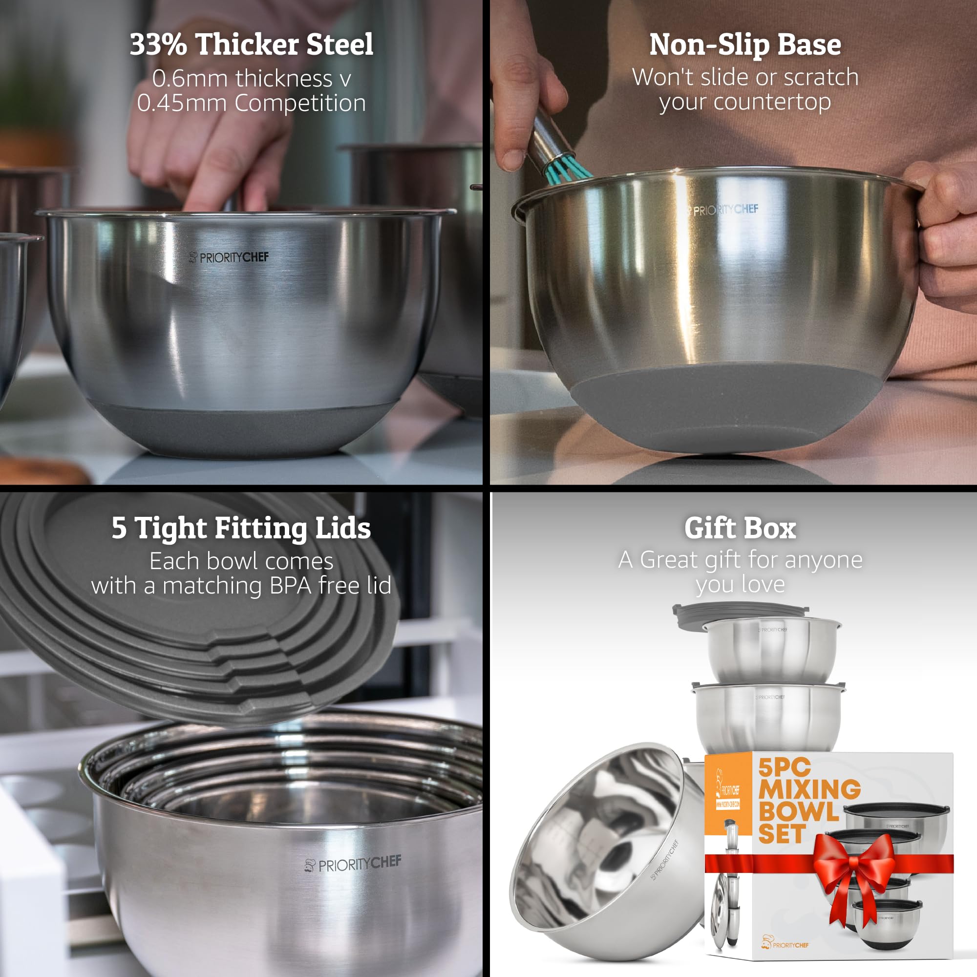 Priority Chef premium mixing bowls with lids in 2 qt for versatile prep and sealing.