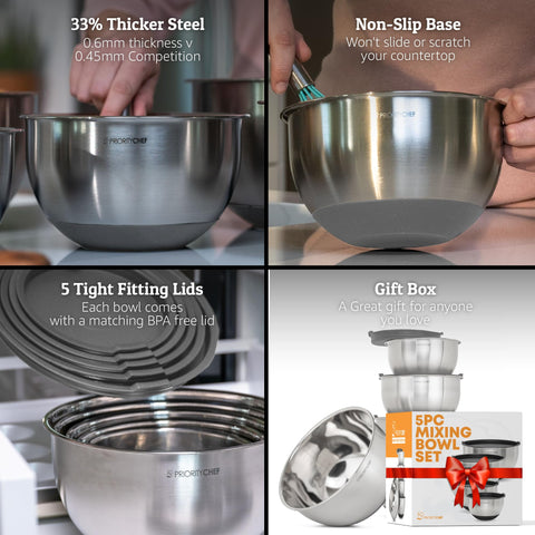 Priority Chef premium mixing bowls with lids in 2 qt for versatile prep and sealing.