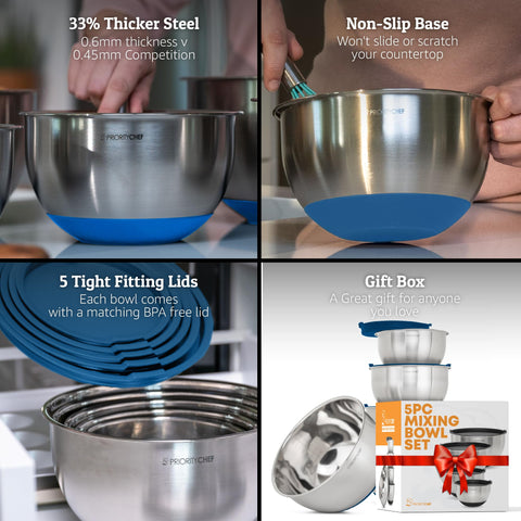 Priority Chef mixing bowls stacked, 2 qt with blue lids for efficient prep