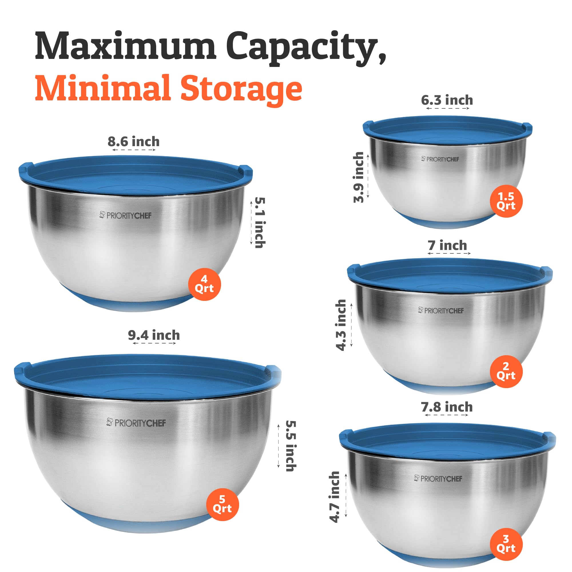 Priority Chef 3 qt mixing bowl with blue lid, durable stainless steel