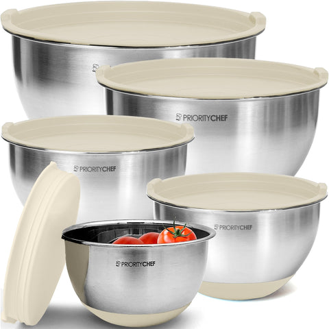 Priority Chef premium mixing bowls with lids closeup showing airtight storage for freshness