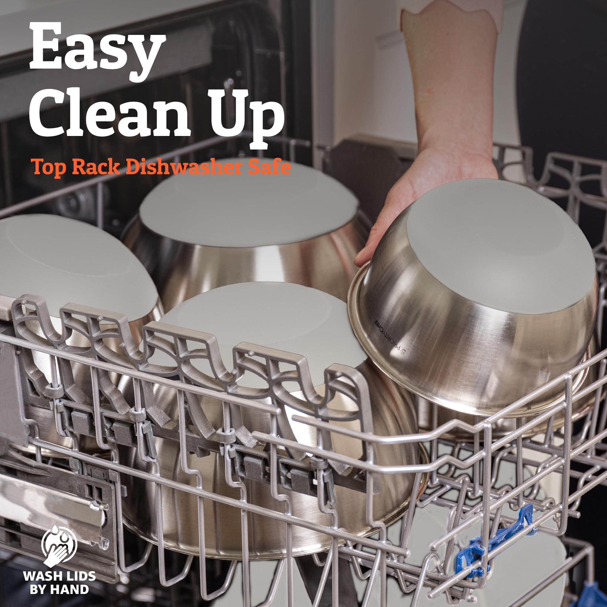 Priority Chef nesting design saves cabinet space when storing the set