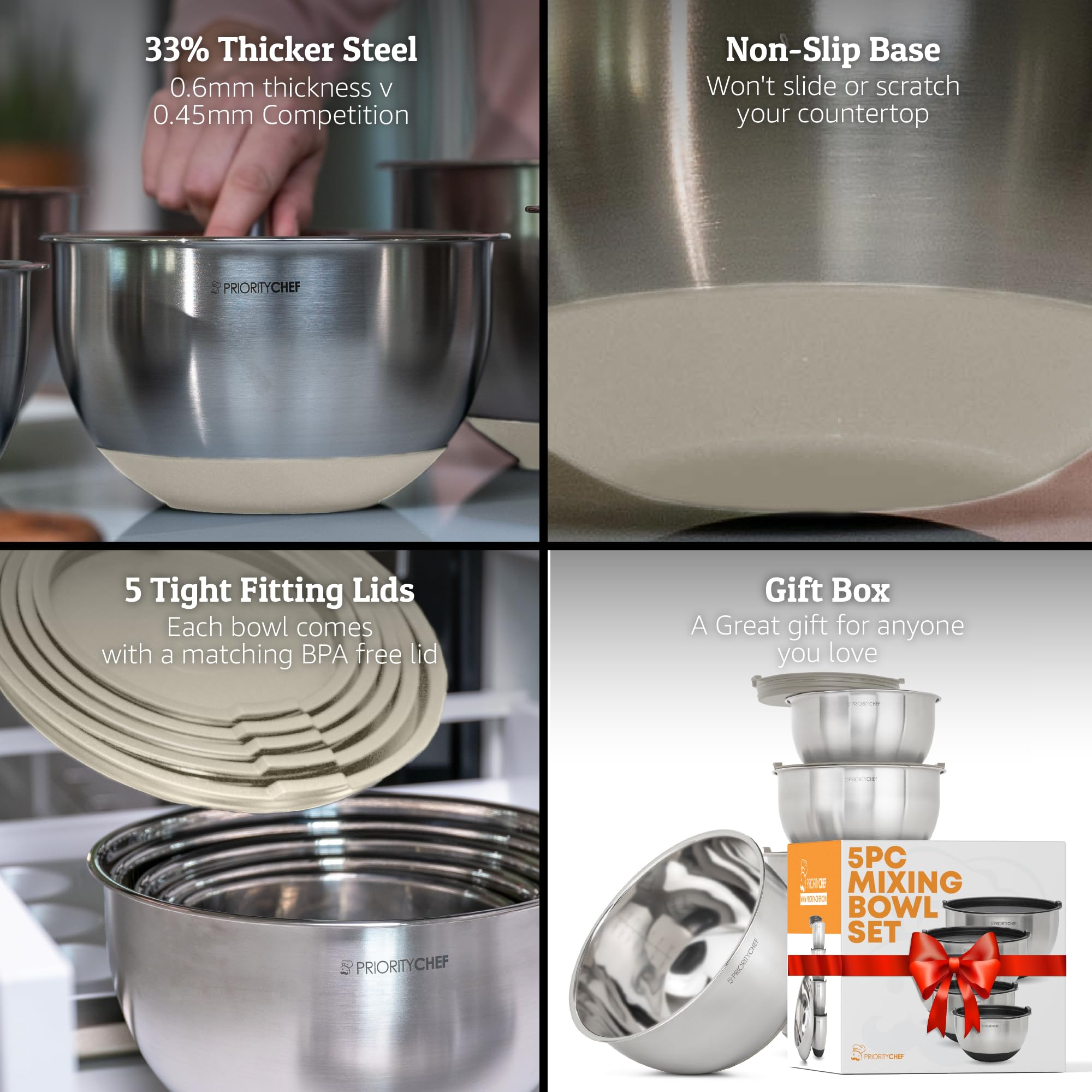Priority Chef bowls with non-slip base offering stable mixing during tasks