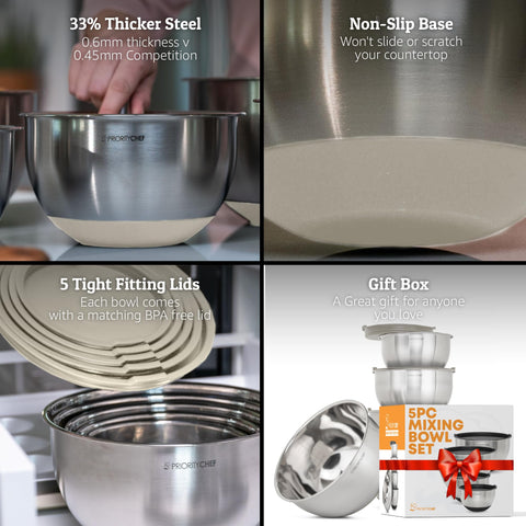 Priority Chef bowls with non-slip base offering stable mixing during tasks