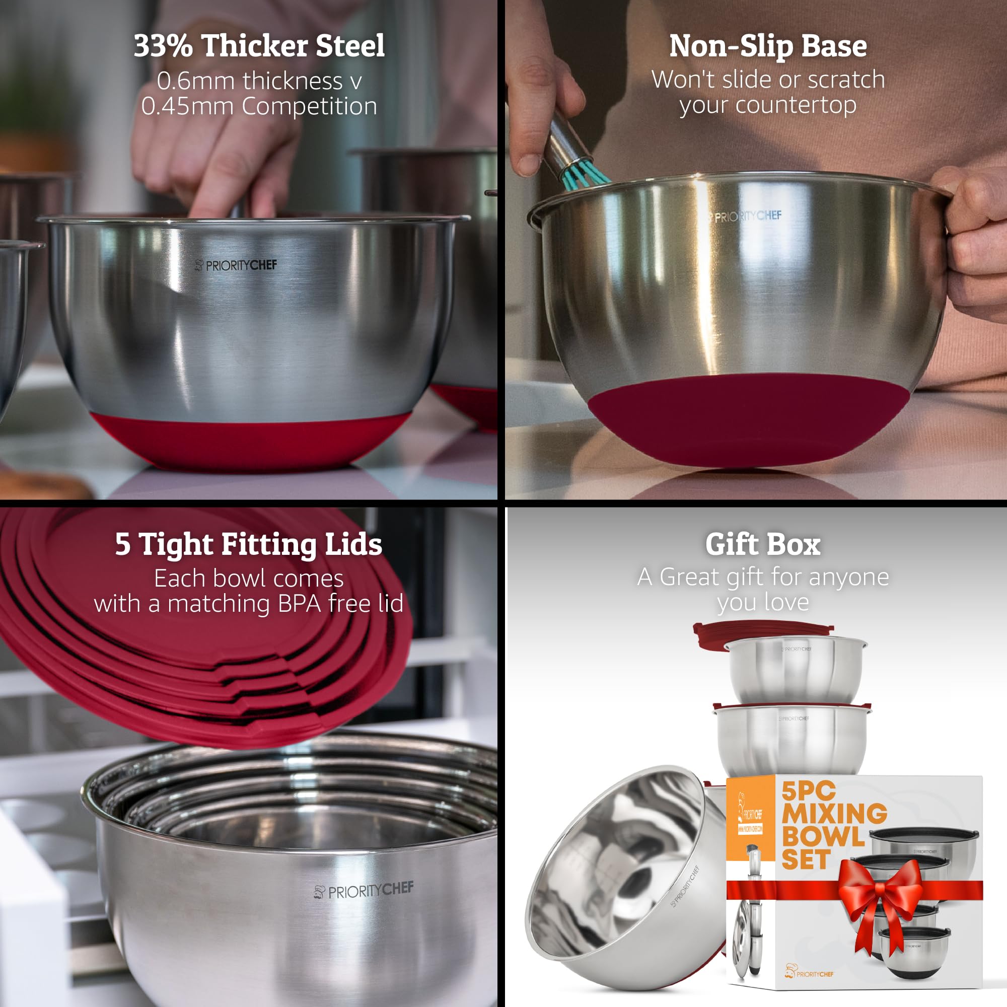 Priority Chef thick stainless steel bowls close-up showing durable construction.