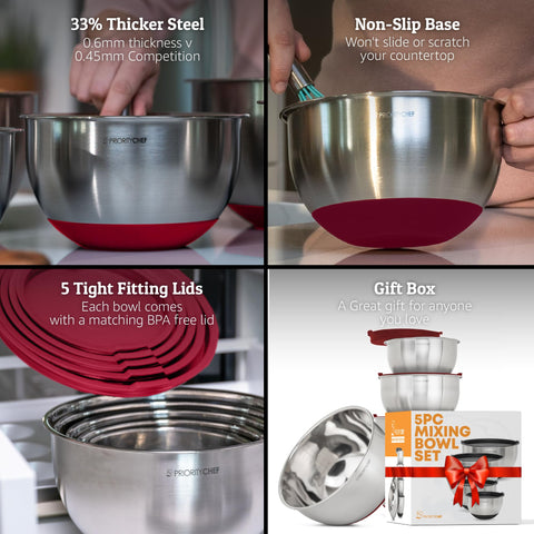 Priority Chef thick stainless steel bowls close-up showing durable construction.