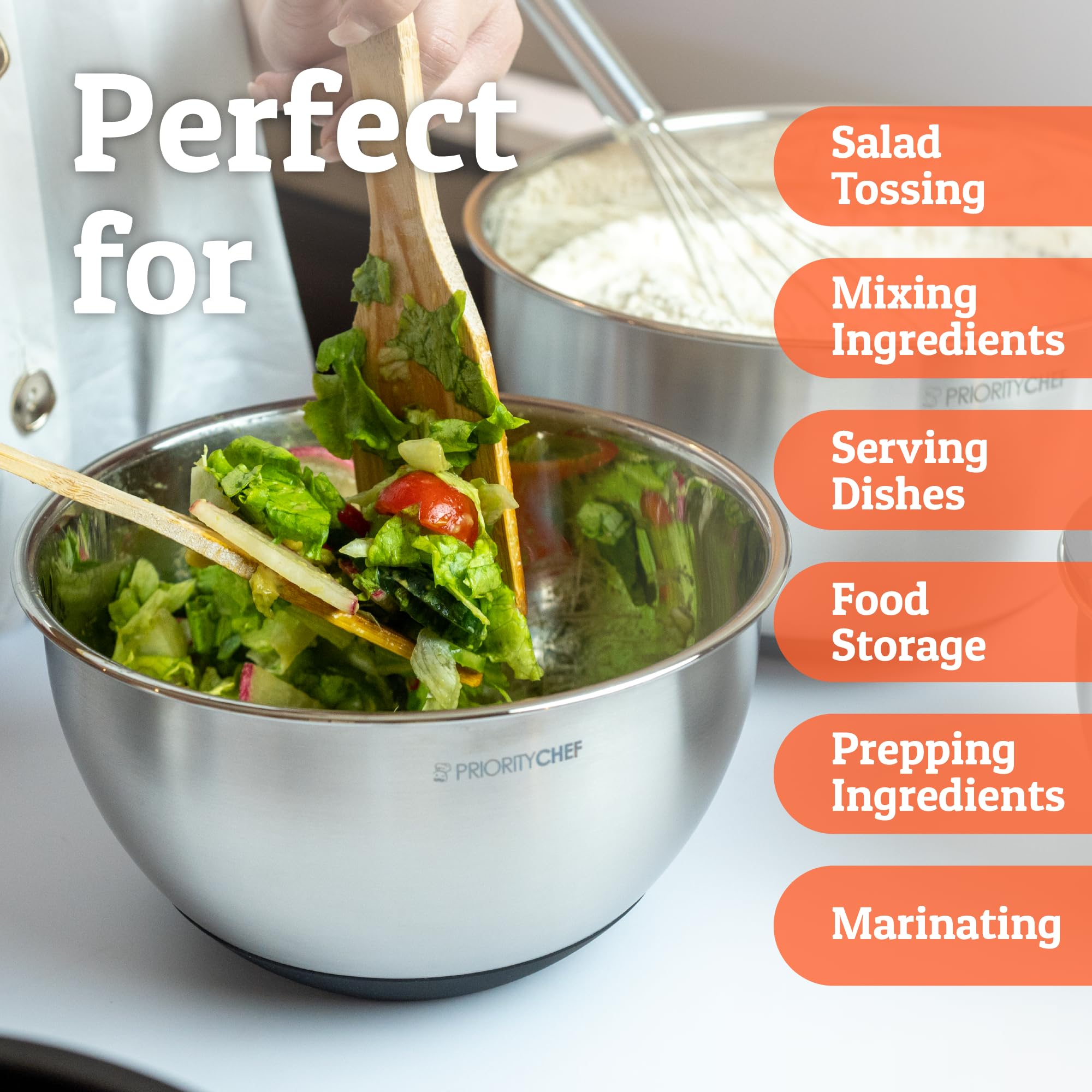 Priority Chef set includes 1.5 to 5 quart sizes for versatile prep.