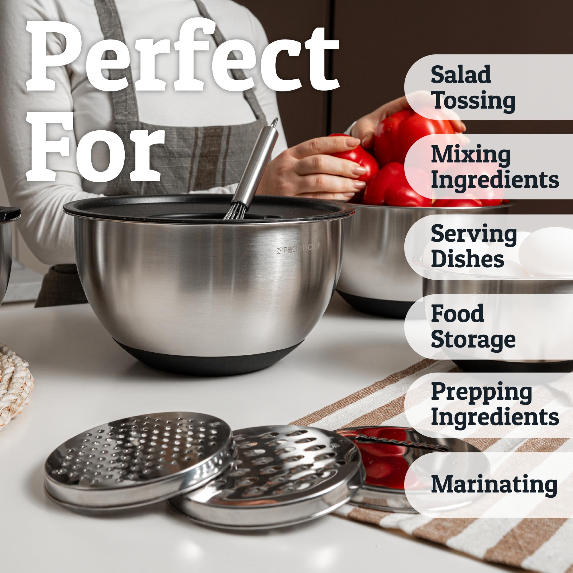 Priority Chef slicing and grating in-bowl feature reduces cleanup after prep.