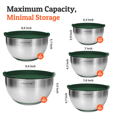 Priority Chef stainless steel bowls with etched measurements for precise prep.