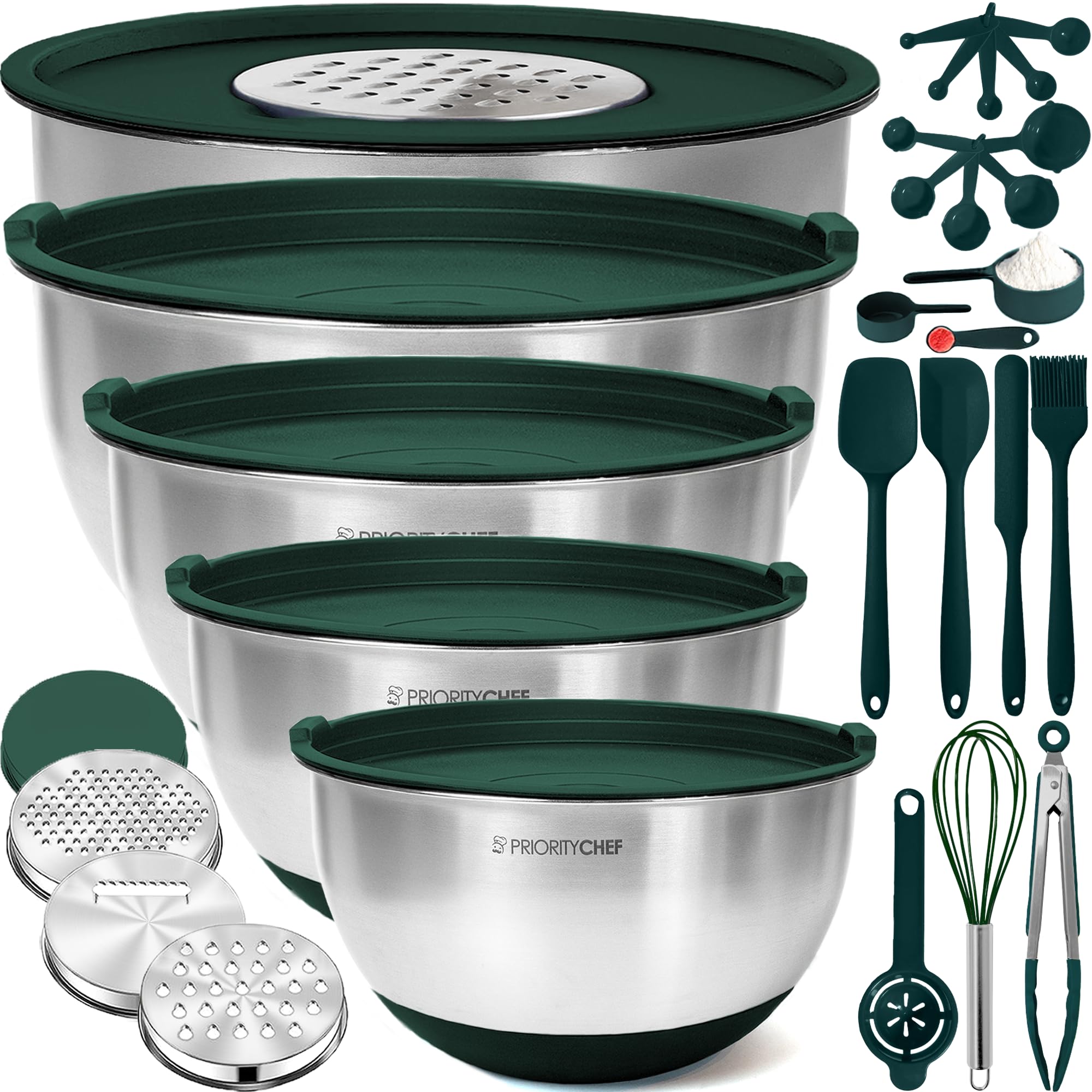 Priority Chef stainless steel bowls with lids stacked for compact storage.