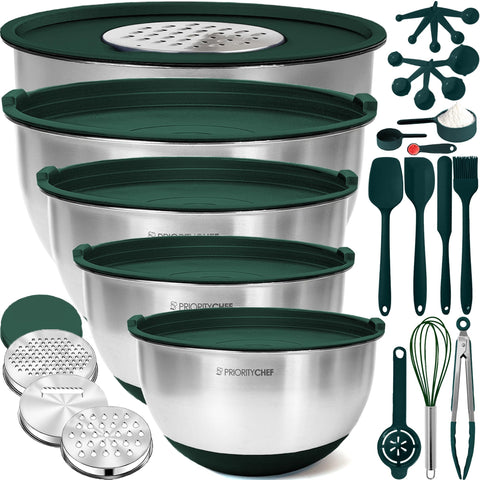 Priority Chef stainless steel bowls with lids stacked for compact storage.