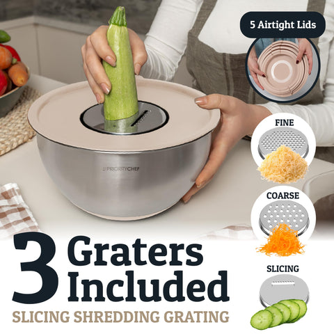 Priority Chef stainless steel bowls include grater attachments for direct prep in the bowl.