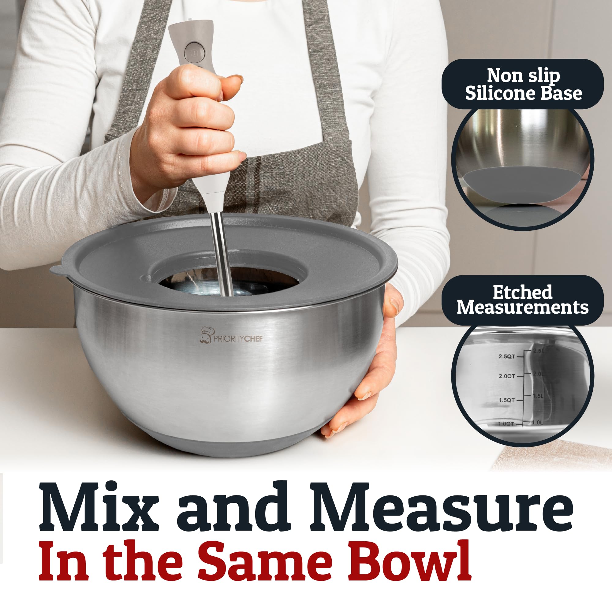 Priority Chef 3-quart bowl with lid ready for mixing and serving.
