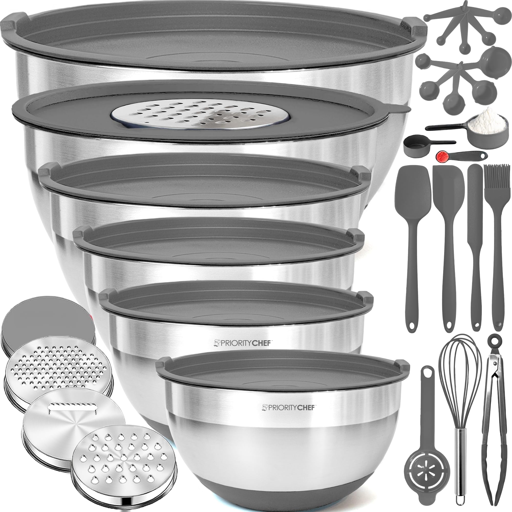 Priority Chef stainless steel mixing bowls with airtight lids for secure storage.