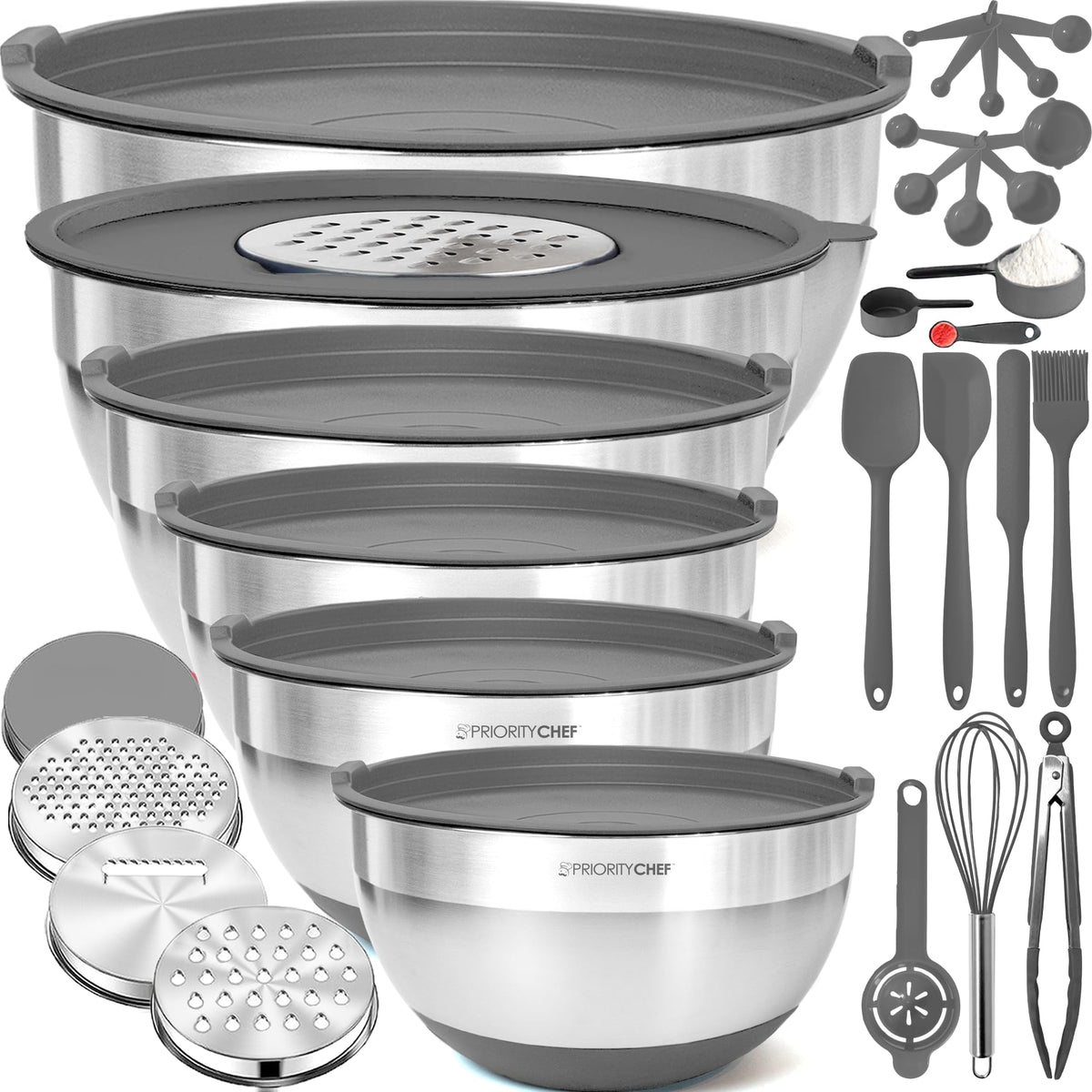 Priority Chef stainless steel mixing bowls with airtight lids for secure storage.