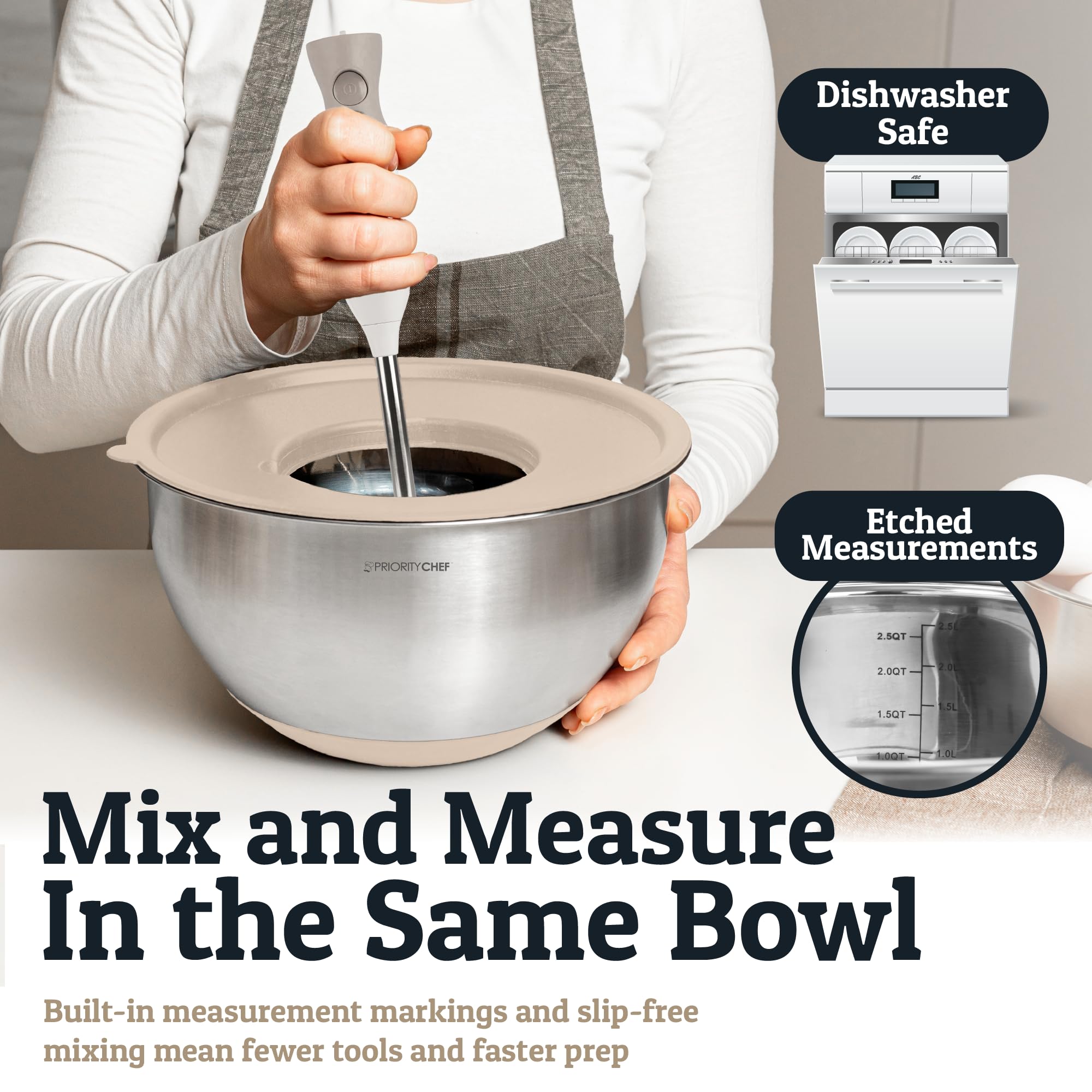 Priority Chef bowls feature non-slip silicone base for stable mixing on countertops.