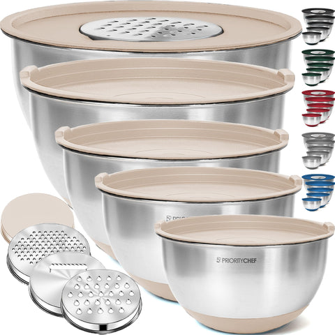 Priority Chef stainless steel mixing bowls set with lids for versatile kitchen prep and storage.