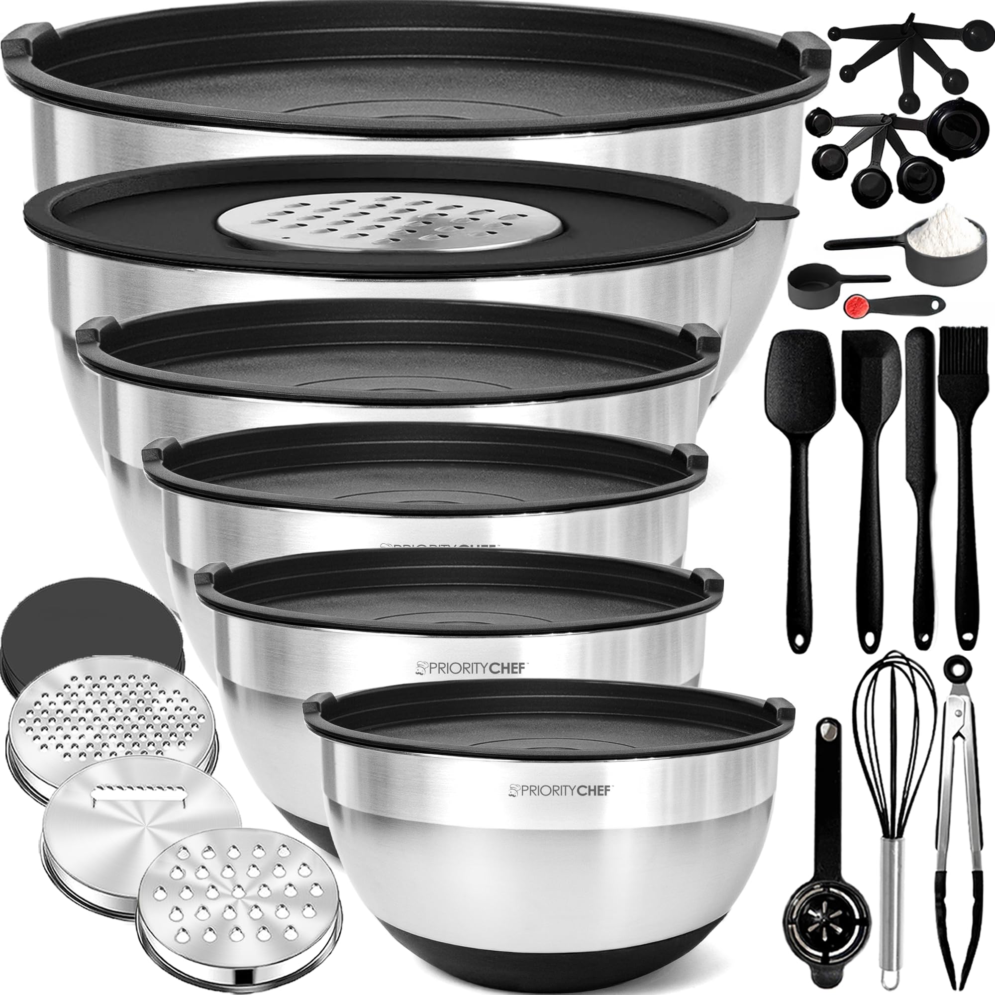 Priority Chef stainless steel bowls with lids arranged for organized meal prep.