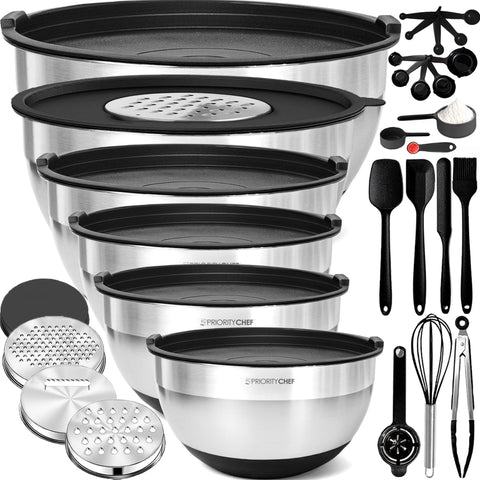 Priority Chef stainless steel bowls with lids arranged for organized meal prep.