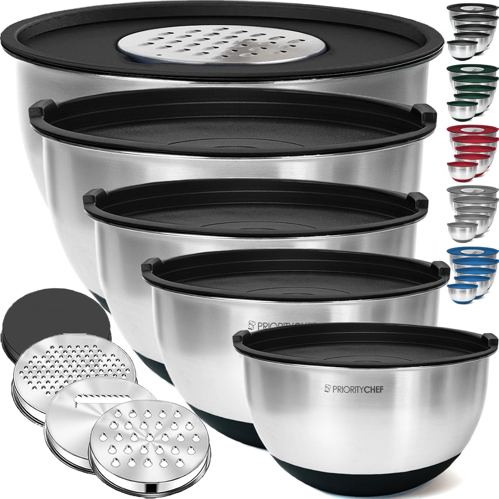 Priority Chef stainless steel mixing bowls with lids ideal for batch prep and storage.