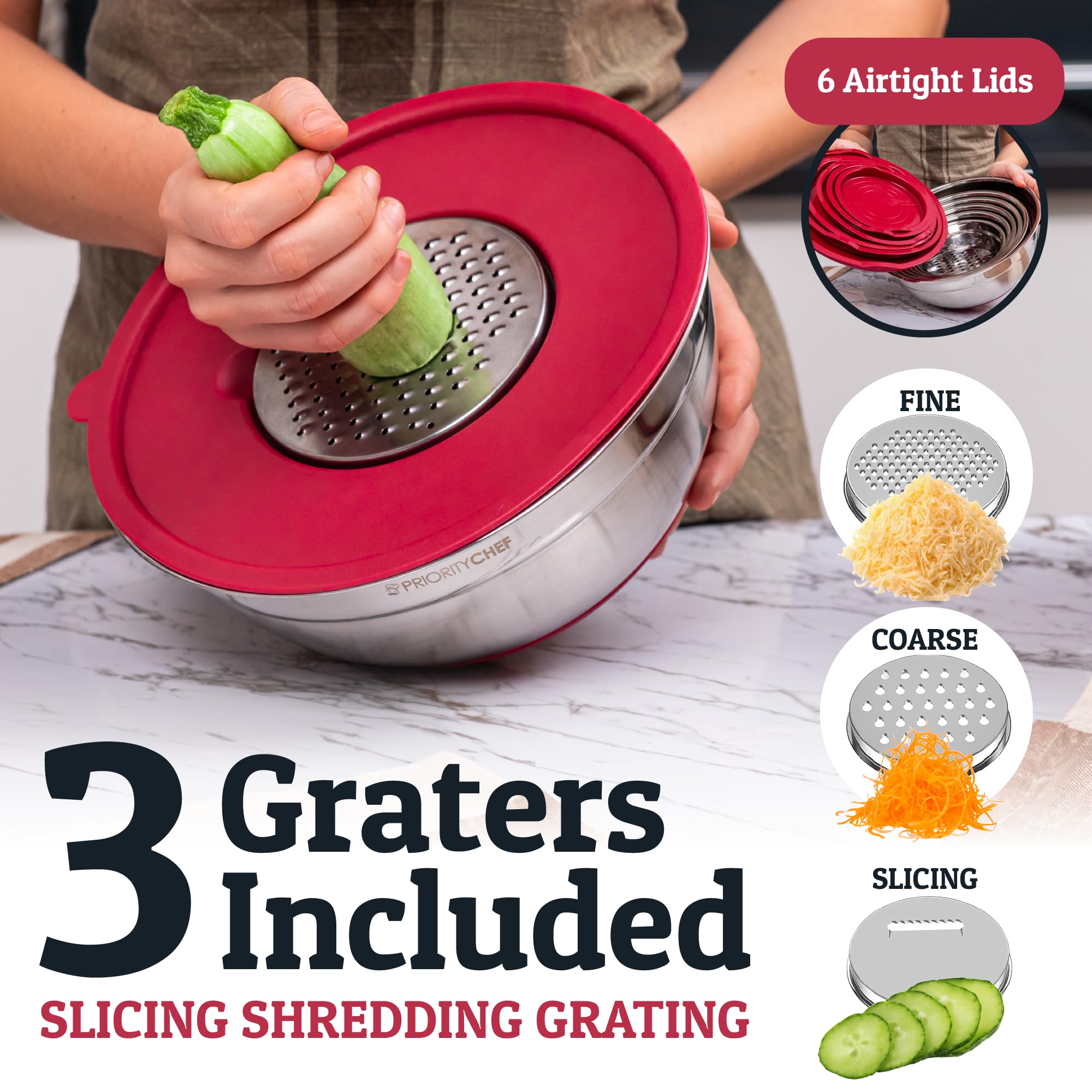 Priority Chef included steel graters let you grate directly into bowls.
