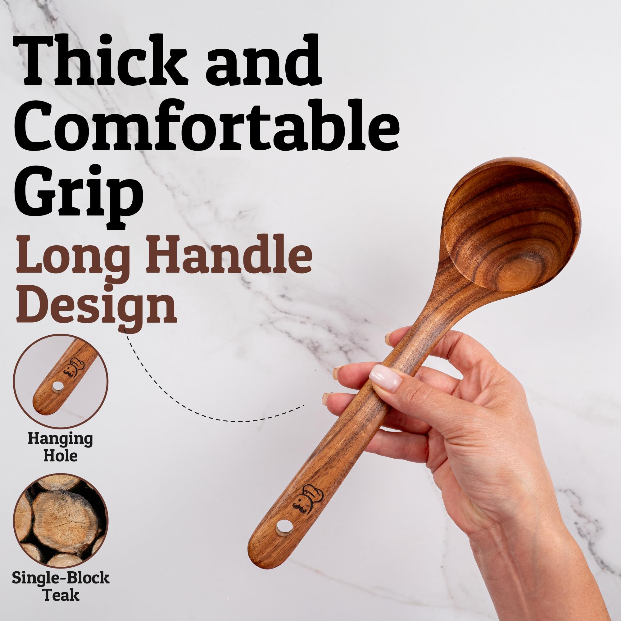 Teak wood surface of Priority Chef ladle stays smooth and gentle on cookware.
