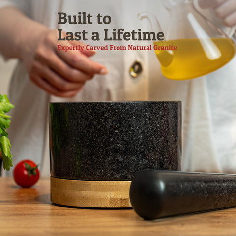 Priority Chef bamboo base stabilizes the grinder on the counter.