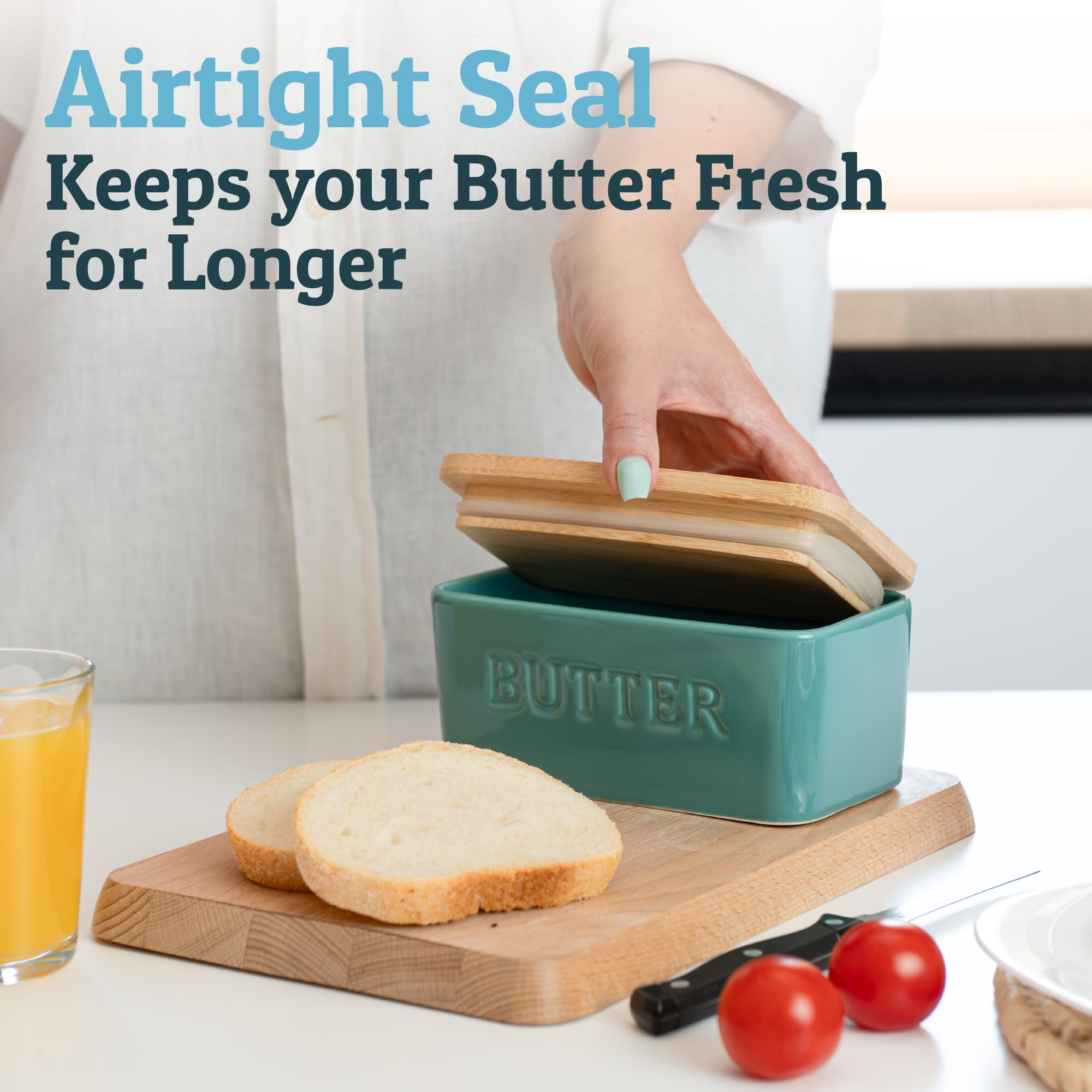 Priority Chef bamboo lid seals airtight to protect butter from other flavors.