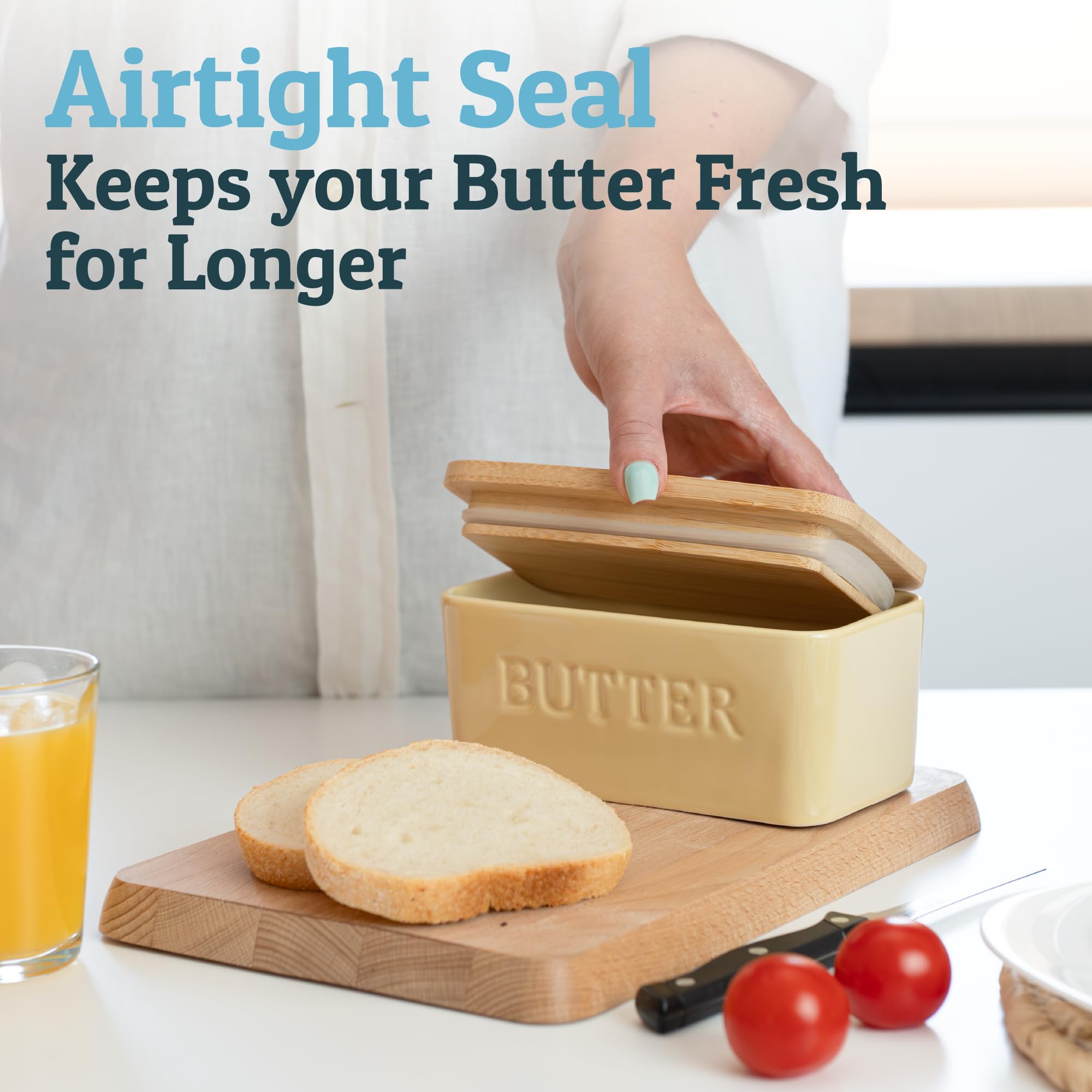 Priority Chef butter dish with bamboo lid and airtight seal preserves butter quality.