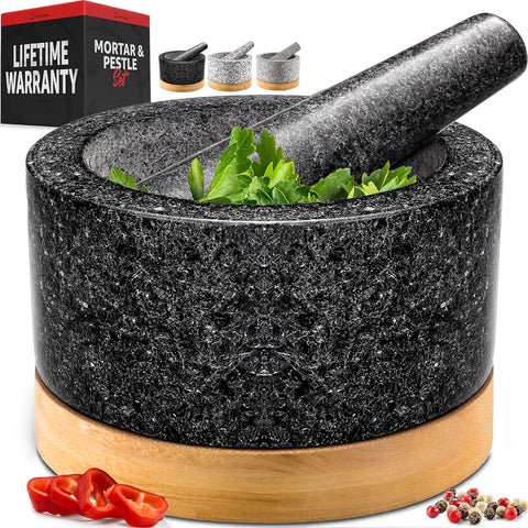 Black PriorityChef mortar and pestle set enhances rustic kitchen durability.