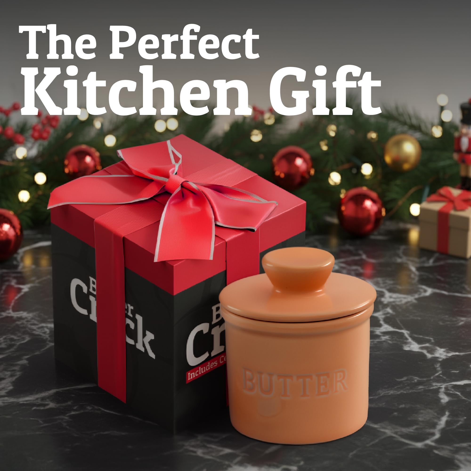 Peach color and glossy glaze fit bright kitchen decor
