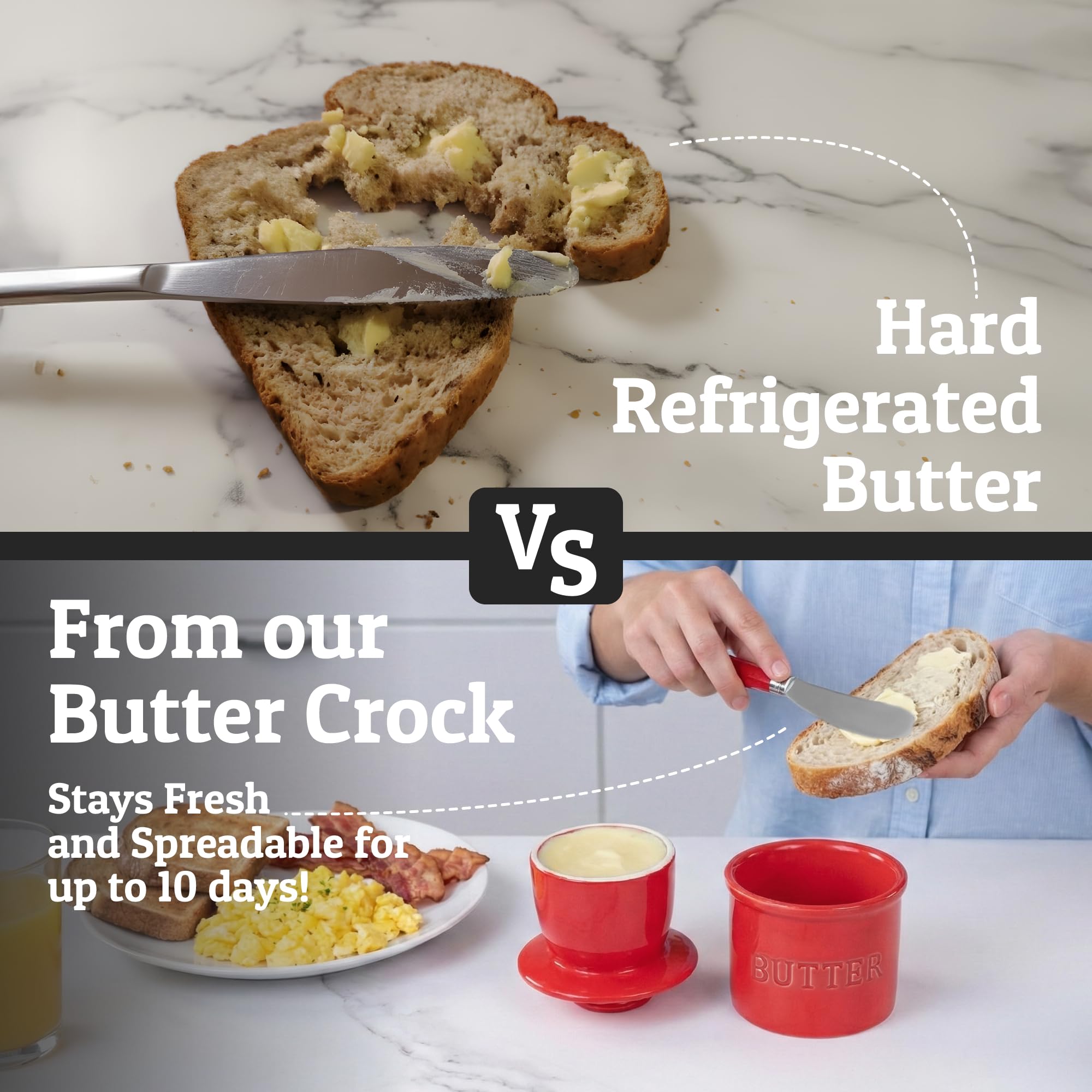 PriorityChef glossy red ceramic butter crock on kitchen counter for daily use