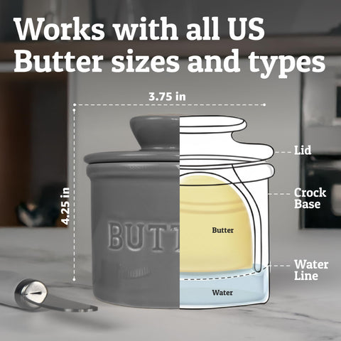 Grey glossy Priority Chef butter crock on kitchen counter