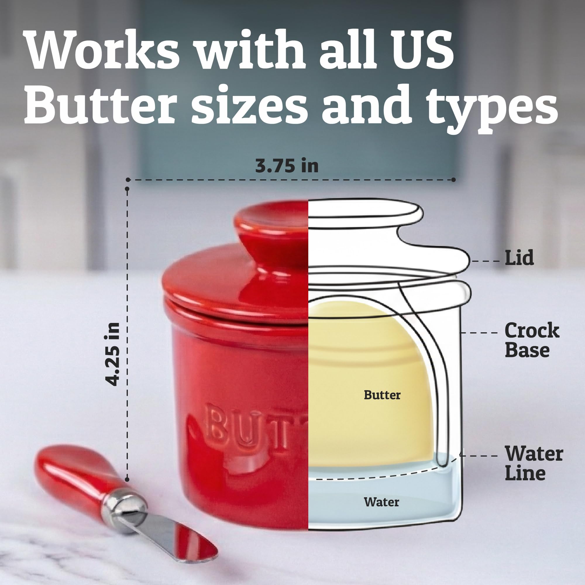 Lead-free ceramic butter crock with red glaze for safe storage