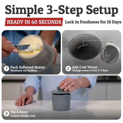Priority Chef butter crock shown as lead-free ceramic for safe counter use