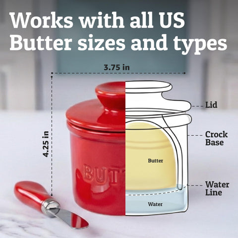 Lead-free ceramic butter crock with red glaze for safe storage