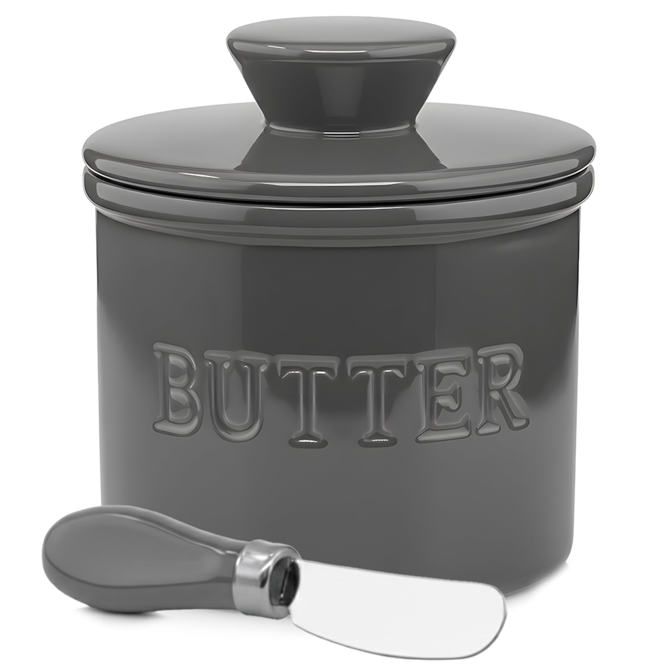 Priority Chef butter crock with lid and water line on counter for fresh, spreadable butter