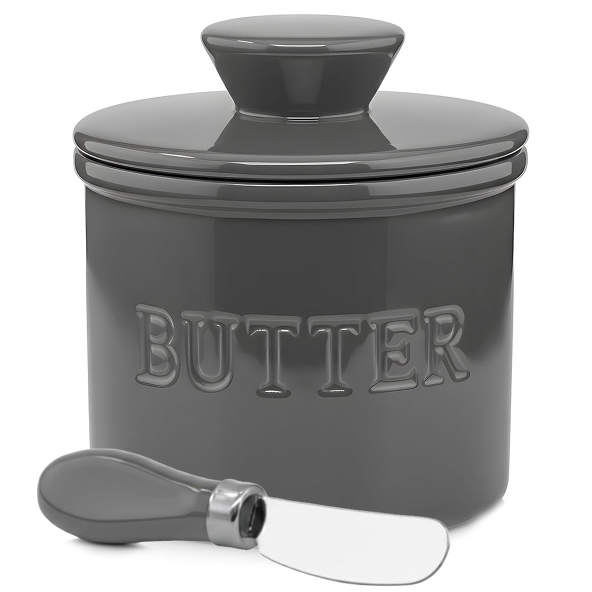 Priority Chef butter crock with lid and water line on counter for fresh, spreadable butter