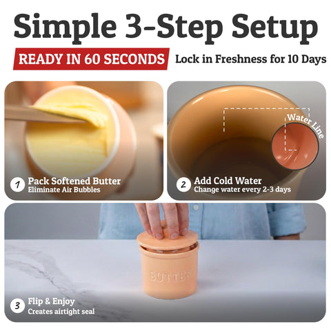 Butter crock on kitchen counter in peach color for easy spreading