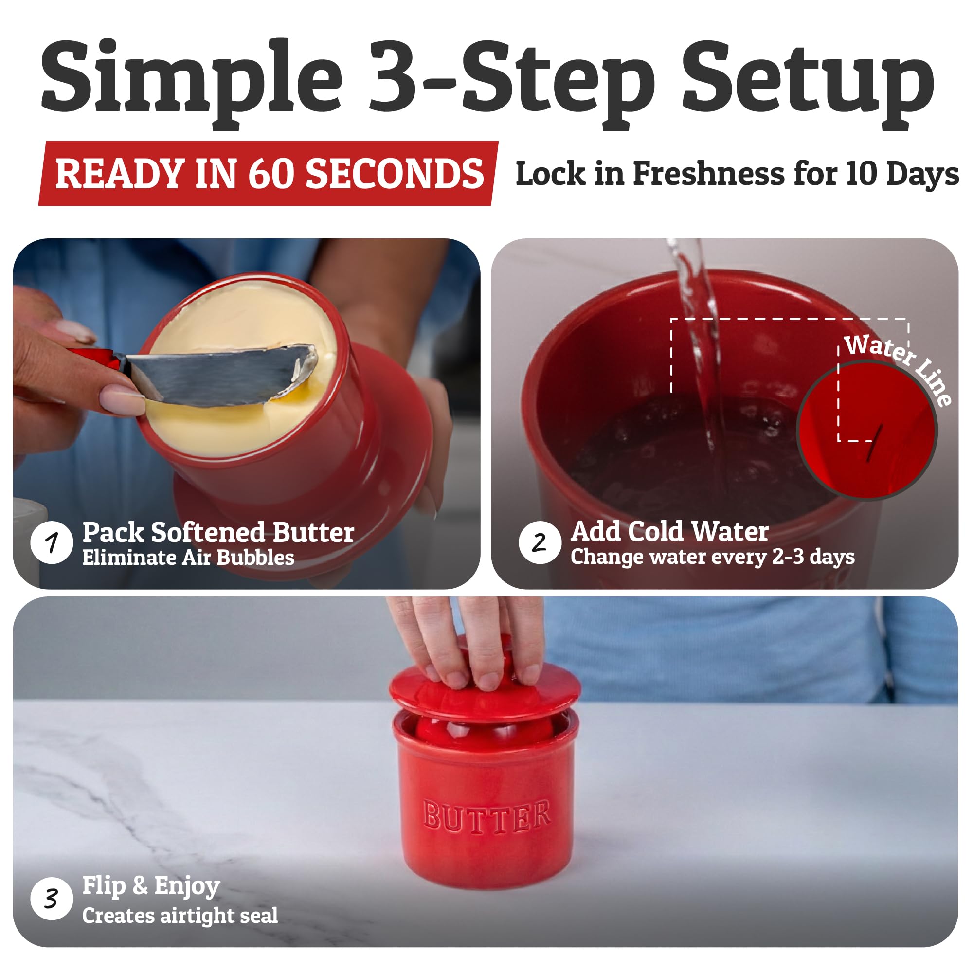 Red butter crock with lid showing water seal protects butter from dust