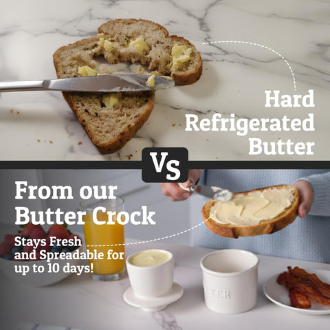 Priority Chef butter crock shows airtight water seal protecting freshness.
