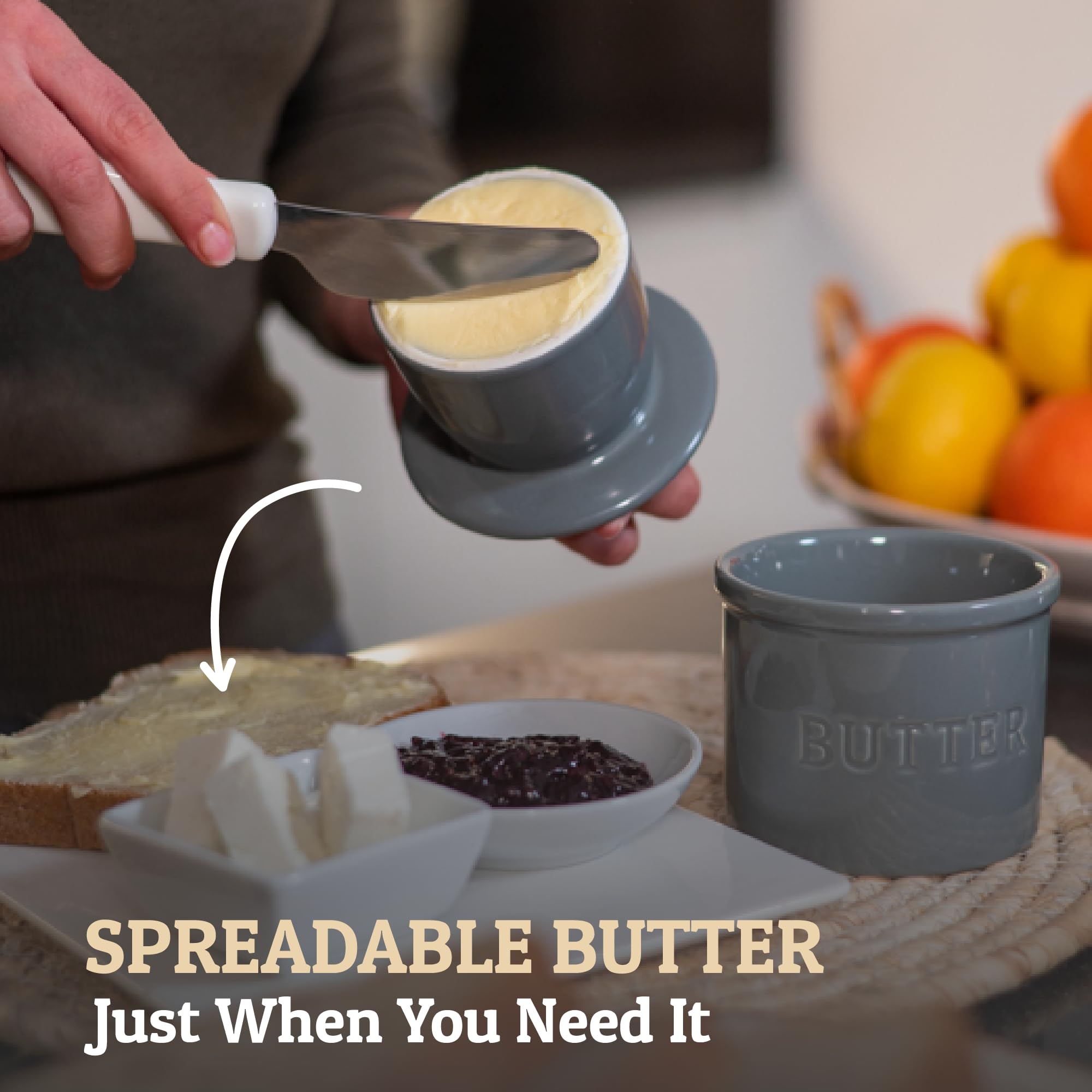 Priority Chef butter dish on countertop showcasing ceramic construction and easy access