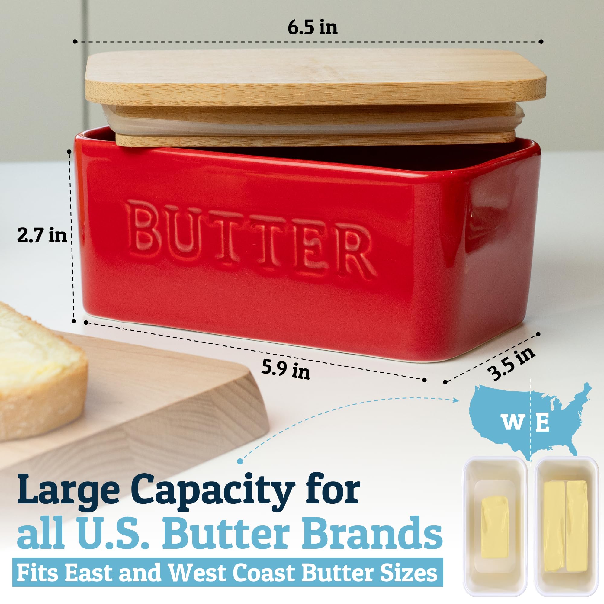 Priority Chef butter dish spacious interior holds sticks of butter and more.