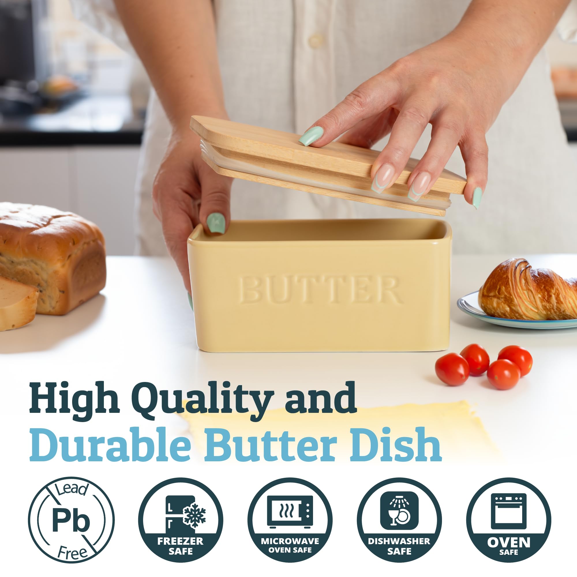 Priority Chef ceramic butter dish placed on a countertop for easy access.