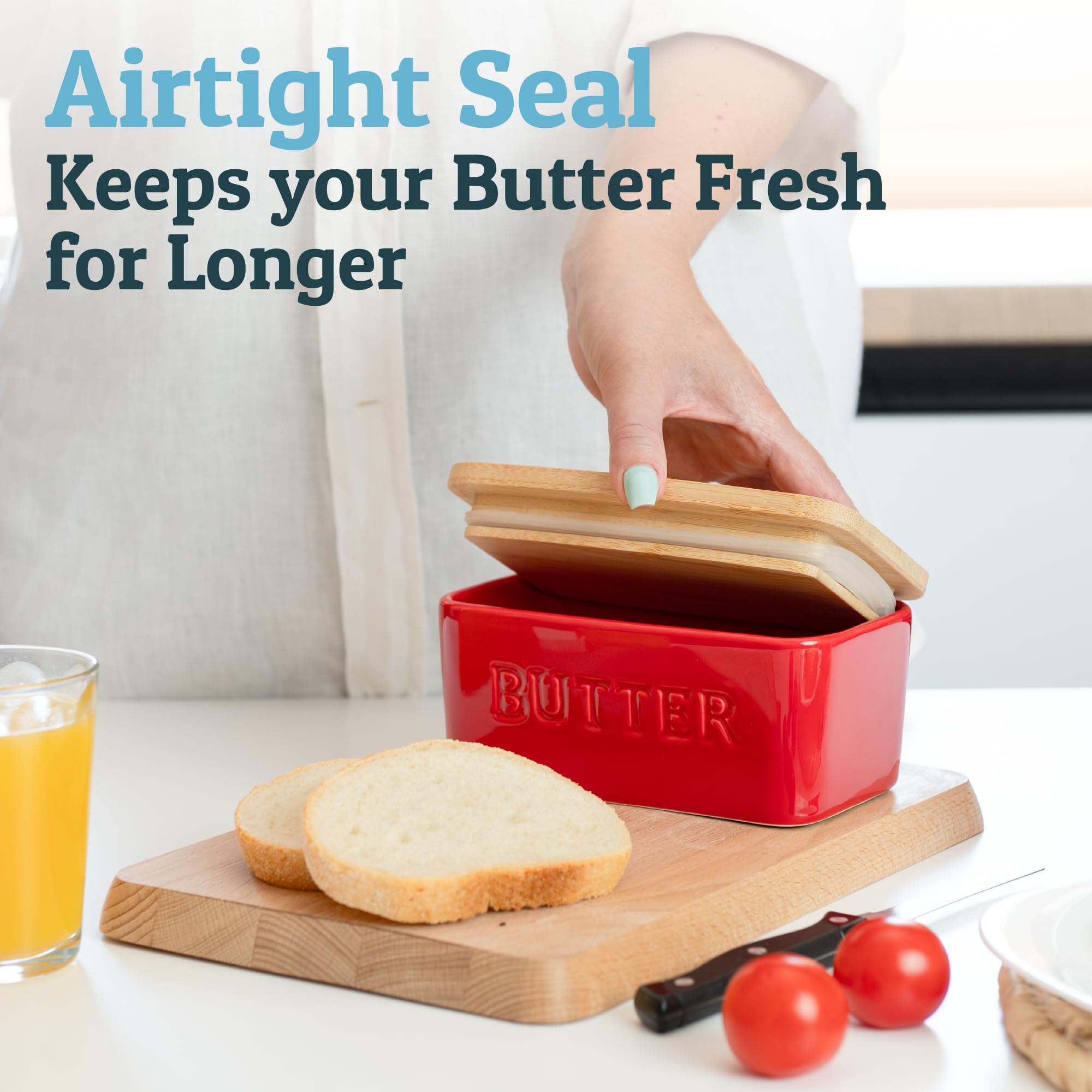 Priority Chef ceramic butter dish on countertop with bamboo lid for clean, stylish storage.