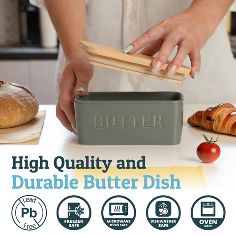 PriorityChef ceramic butter keeper on counter keeps butter neatly accessible.