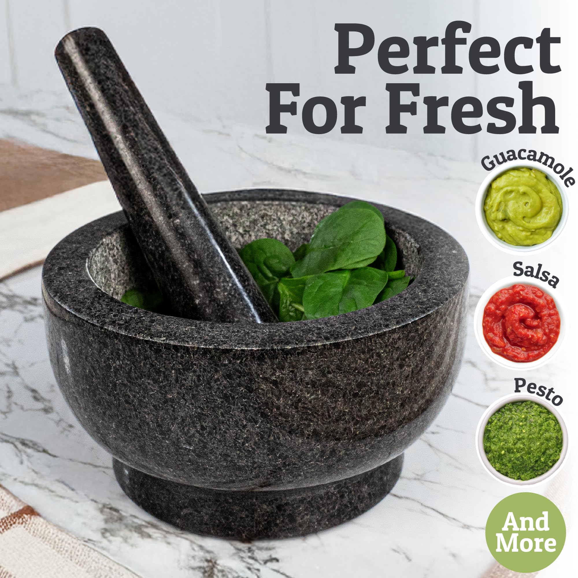 PriorityChef black granite mortar on display adds kitchen style