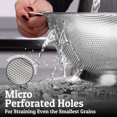 Priority Chef fast-draining micro-perforations keep pasta water separate and rinse berries efficiently