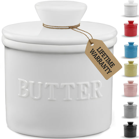 Priority Chef French Butter Crock with lid on counter keeps butter ready to spread.
