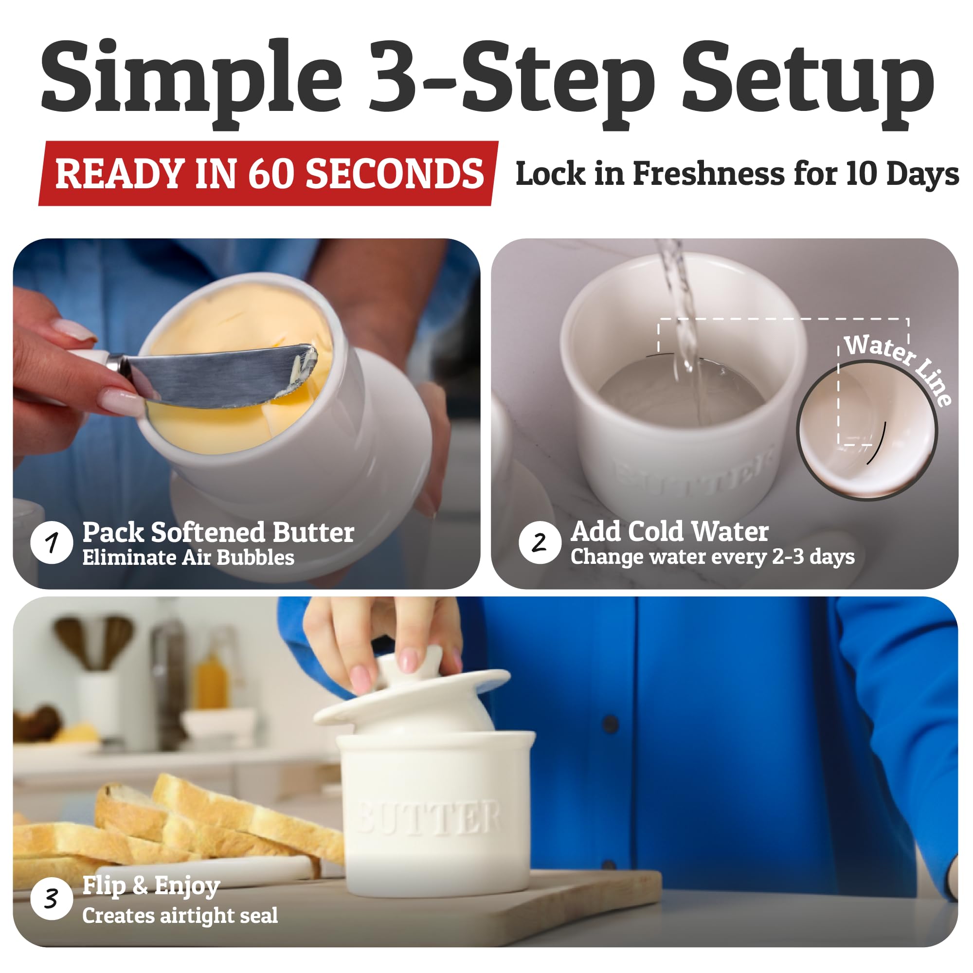 Priority Chef ceramic butter keeper on toast scene highlights spreadable butter.